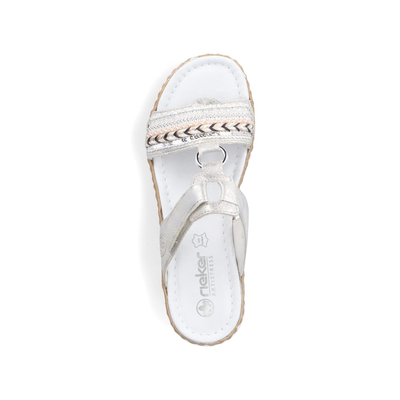 Graue Rieker Damen Pantoletten V02M6-40 mit modischen Flechtelementen. Schuh von oben.