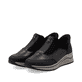 Braunschwarze Rieker Damen Slipper N9553-25 mit easy Hineinschlüpf-Möglichkeit. Schuhpaar seitlich schräg.