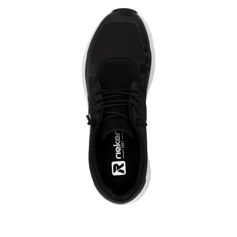 Schwarze Rieker Damen Sneaker Low M9000-00 mit einer Gummischnürung. Schuh von oben.