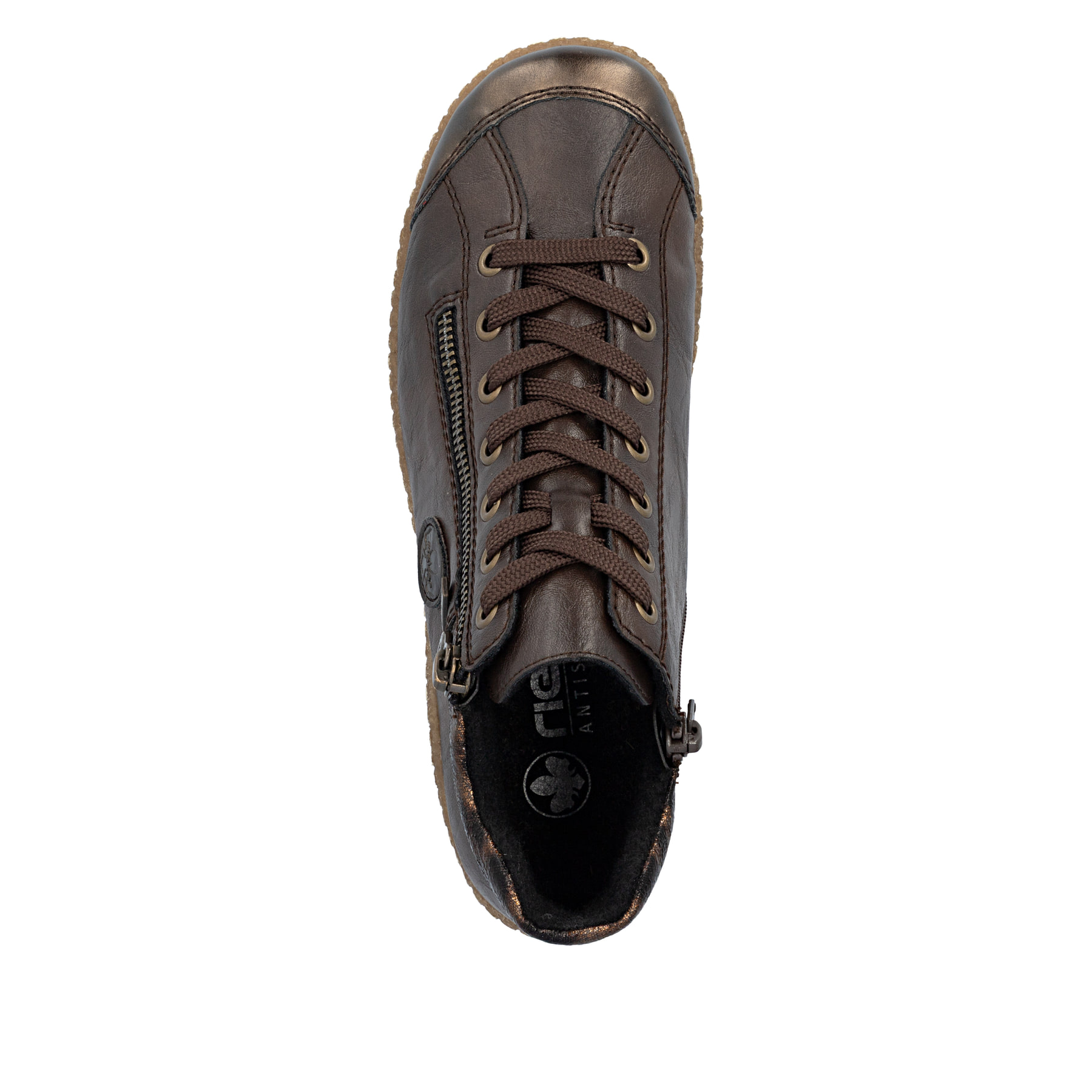 Dunkelbraune Rieker Damen Kurzstiefel L7514-25 mit wasserabweisender TEX-Membran. Schuh von oben.