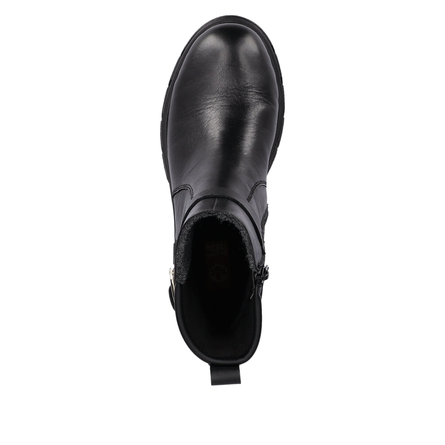 Schwarze Rieker Damen Kurzstiefel Z9174-00 mit Zierschnalle sowie Reißverschluss. Schuh von oben.