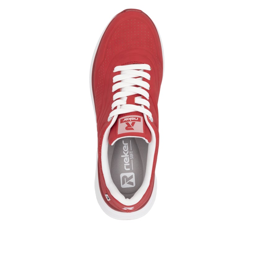 Rote vegane Rieker Damen Sneaker Low W2700-33 mit einer Schnürung. Schuh von oben.