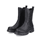 
Tiefschwarze Rieker Damen Chelsea Boots Z9181-00 mit einer robusten Profilsohle. Schuhpaar schräg.