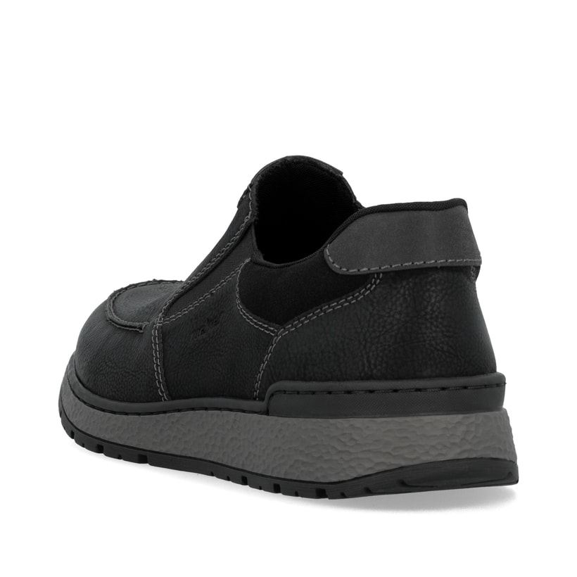 Tiefschwarze Rieker Herren Slipper B9062-00 mit einer schockabsorbierenden Sohle. Schuh von hinten
