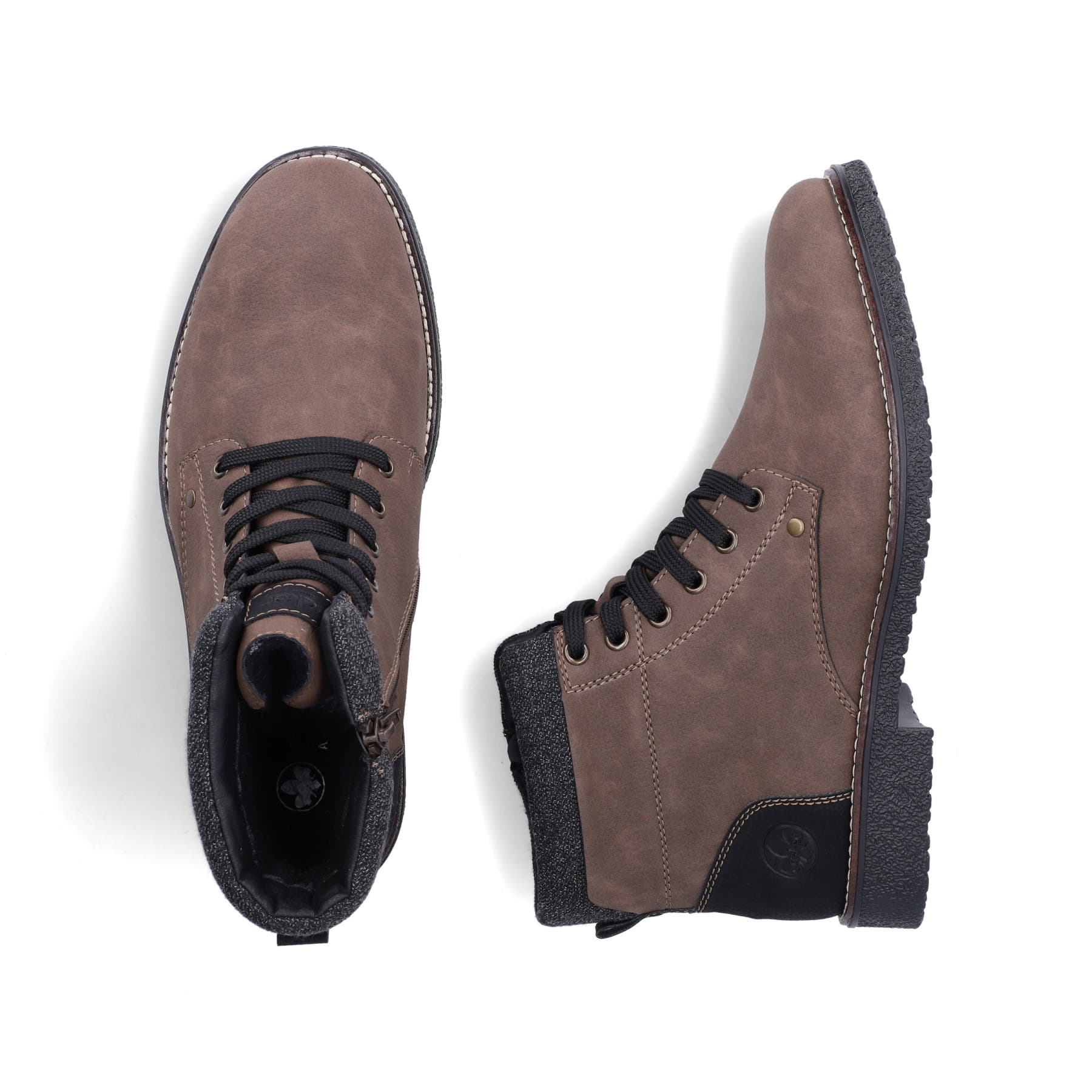 Braune Rieker Herren Schnürstiefel 33640-24 mit einem Reißverschluss. Schuh von oben, liegend.