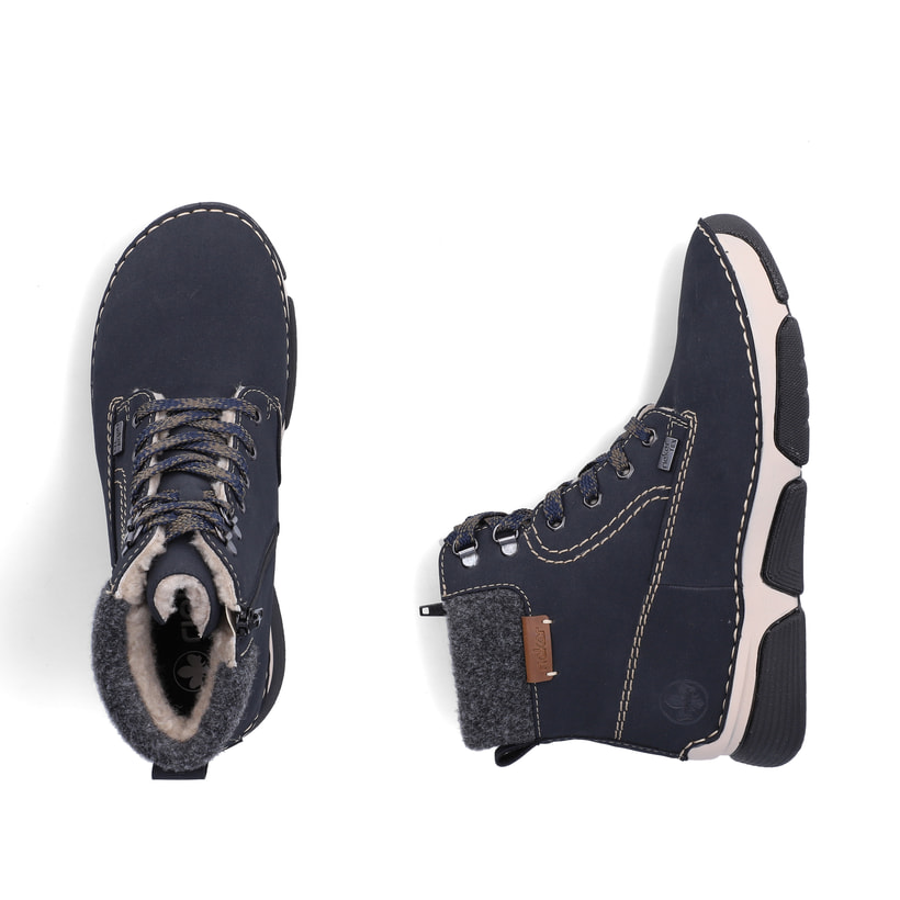 Dunkelblaue Rieker Damen Schnürstiefel 45925-14 mit einem Reißverschluss. Schuh von oben, liegend.