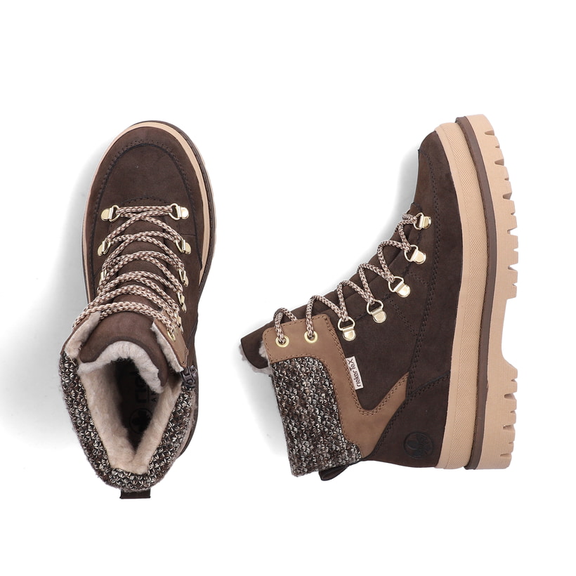 Dunkelbraun-beige Rieker Damen Schnürstiefel Y6210-25 mit Strick-Kragen. Schuh von oben, liegend.