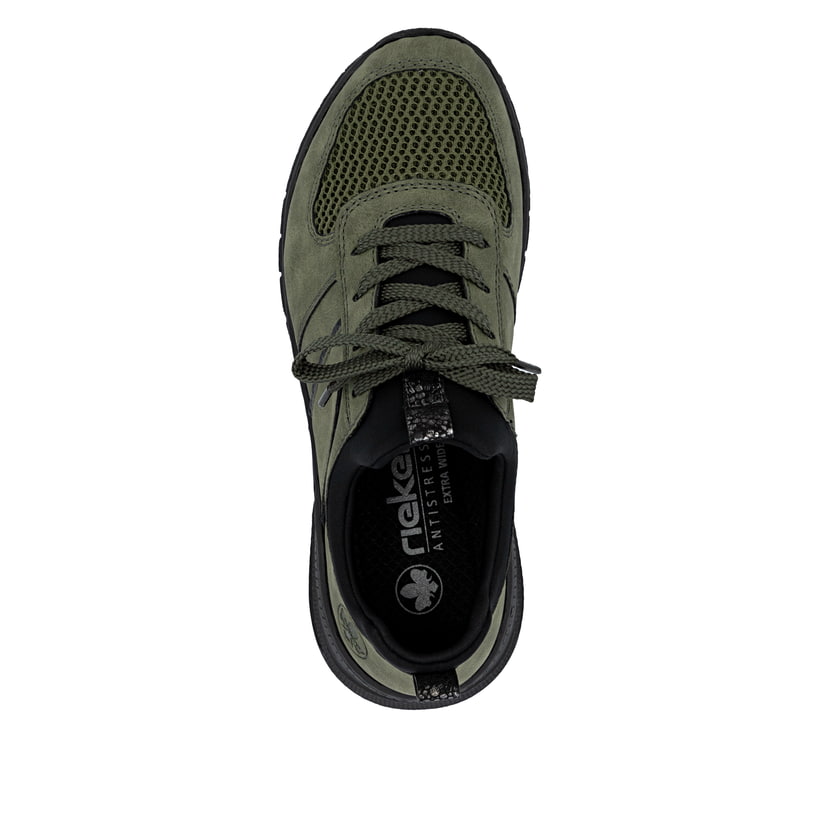 Mocassins Rieker verts pour femme M4970-54 avec bande élastique. Chaussure vue de dessus.