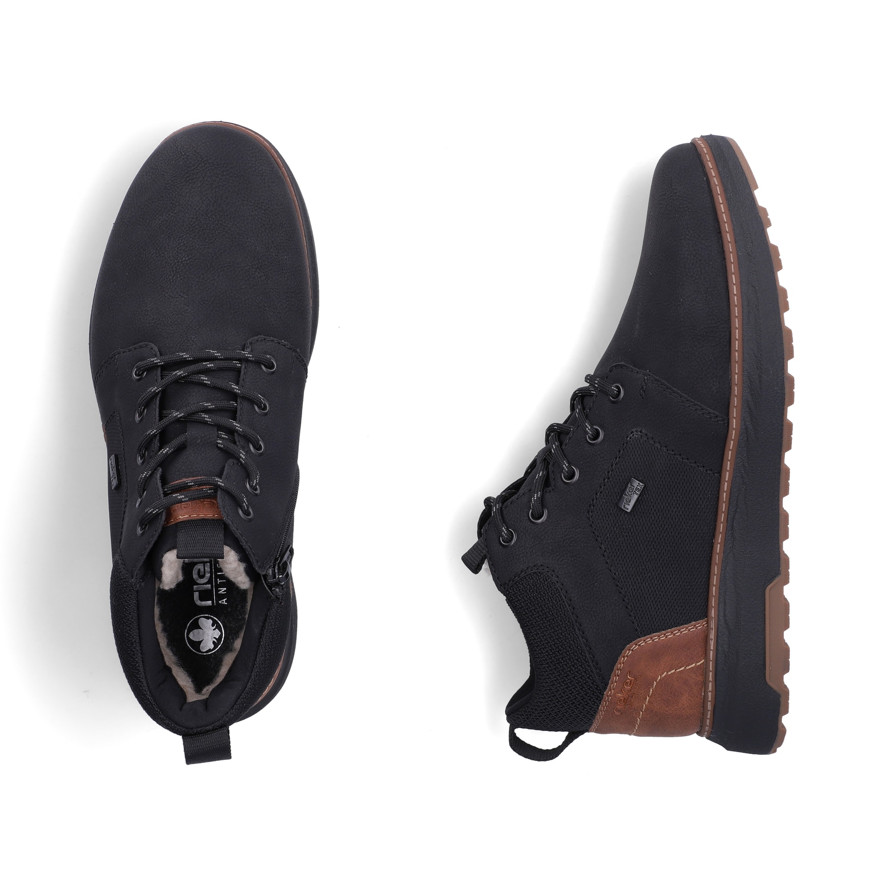 Schwarze Rieker Herren Sneaker High B5530-00 mit wasserabweisender TEX-Membran. Schuh von oben, liegend.