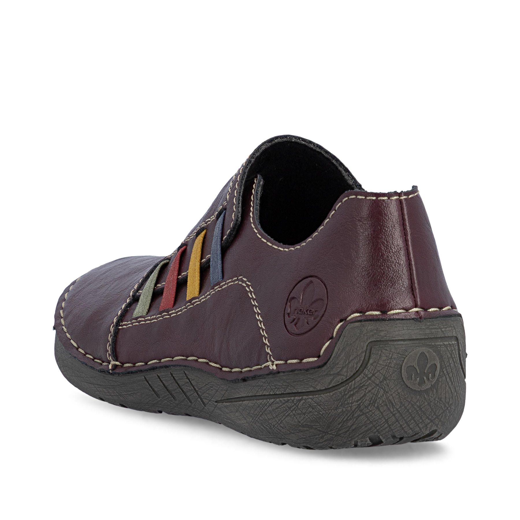 Brombeerfarbene Rieker Damen Slipper 52560-30 mit farbenfrohen Details. Schuh von hinten.