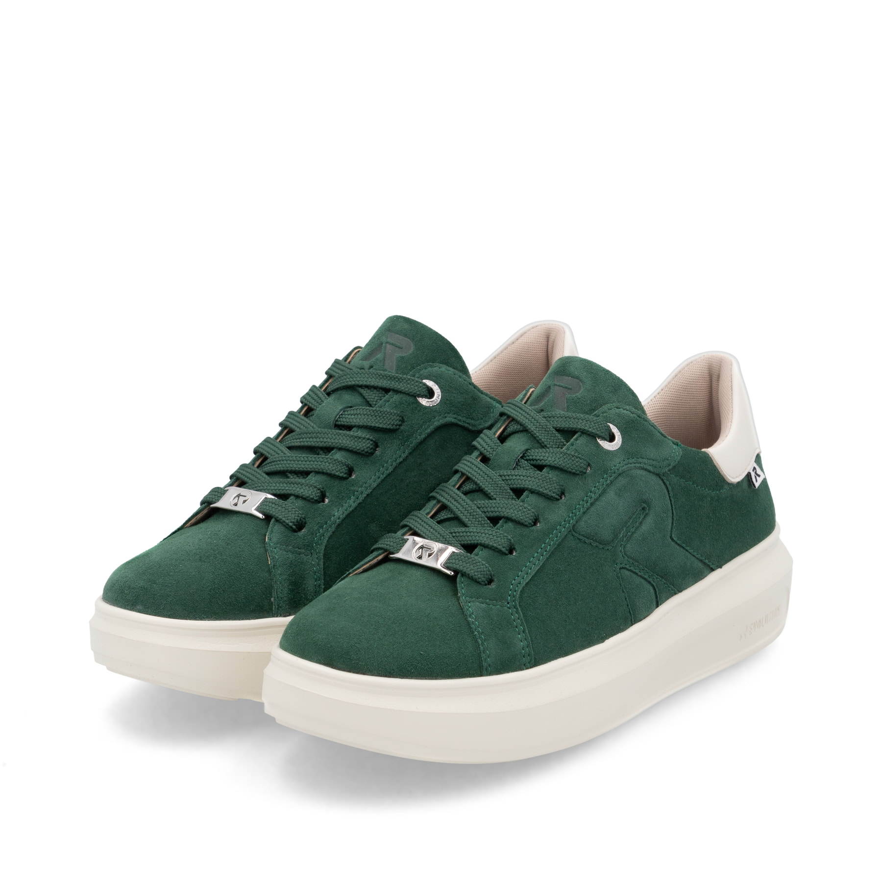 Baskets basses Rieker vertes pour femme W1204-54 avec semelle à plateau. Chaussures inclinées sur le côté.