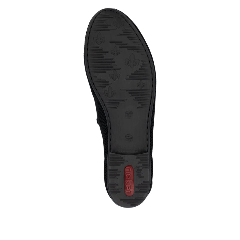 Schwarze Rieker Damen Slipper 51989-00 mit Strasssteinen sowie einem Gummizug. Schuh Laufsohle.
