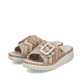 Mehrfarbige Rieker Damen Pantoletten 69253-91 mit trendigen Schnalle. Schuhpaar seitlich schräg.
