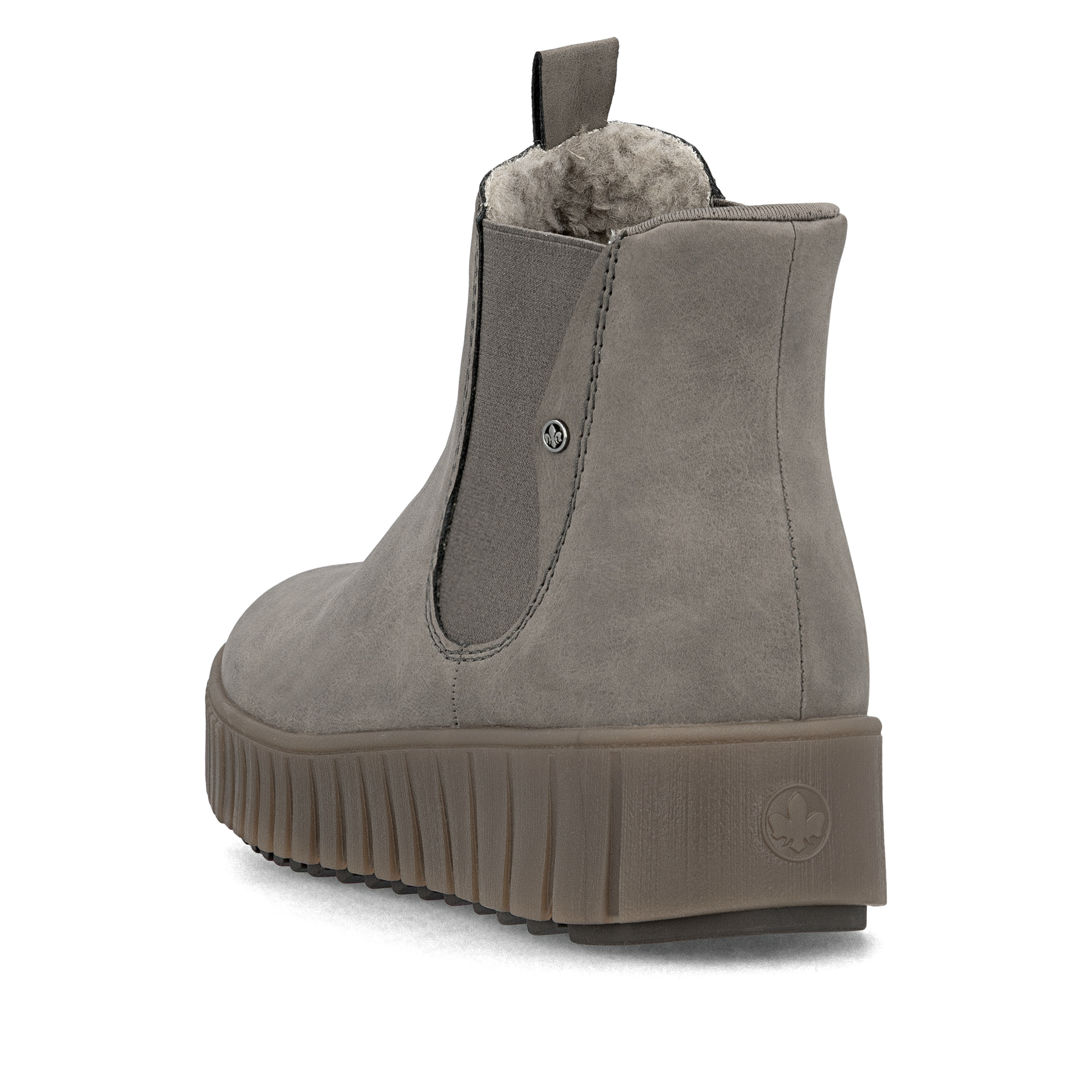 Hellgraue Rieker Damen Chelsea Boots Y6150-42 mit easy Hineinschlüpf-Möglichkeit. Schuh von hinten.