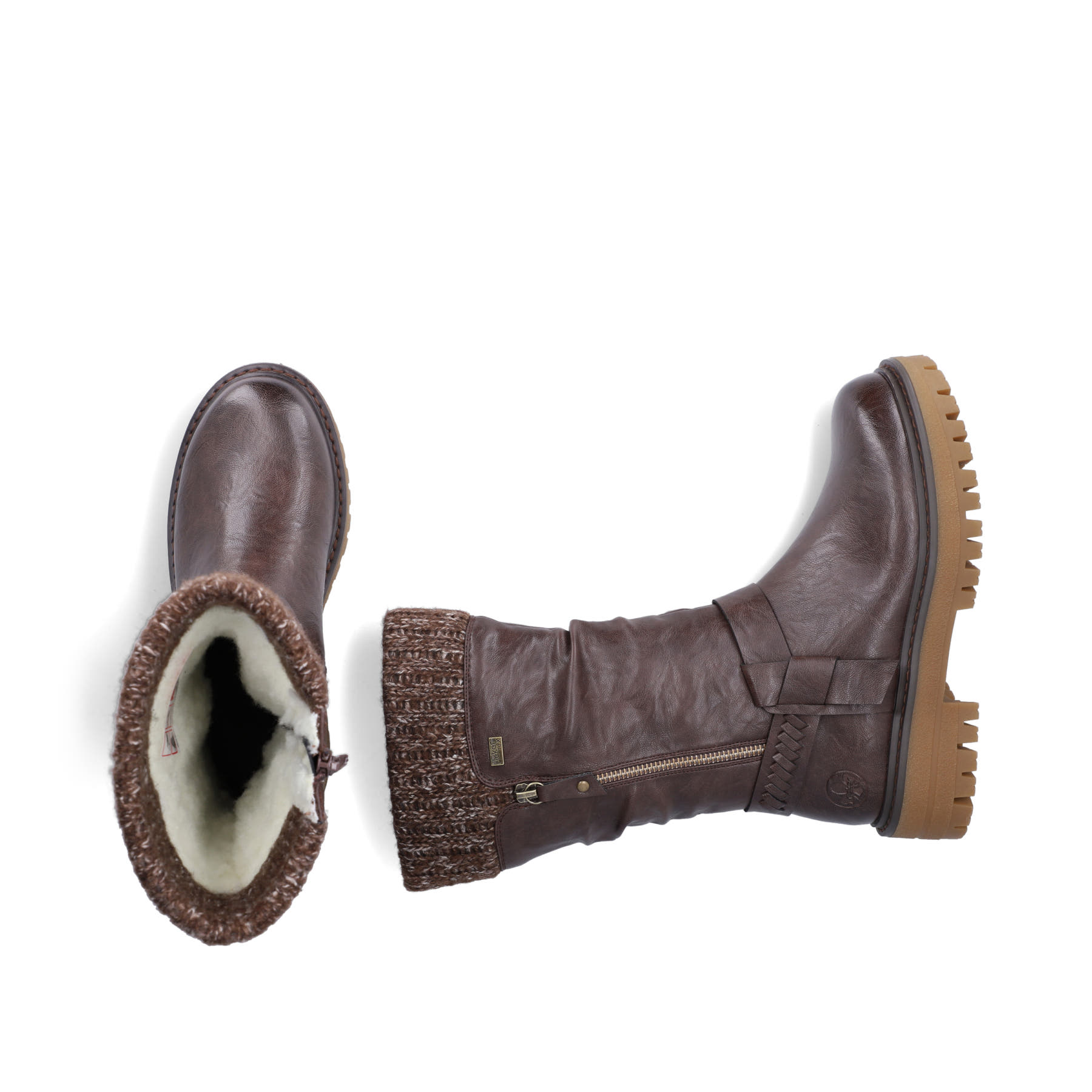 Dunkelbraune Rieker Damen Hochschaftstiefel 92984-25 mit modischer Faltenoptik. Schuh von oben, liegend.