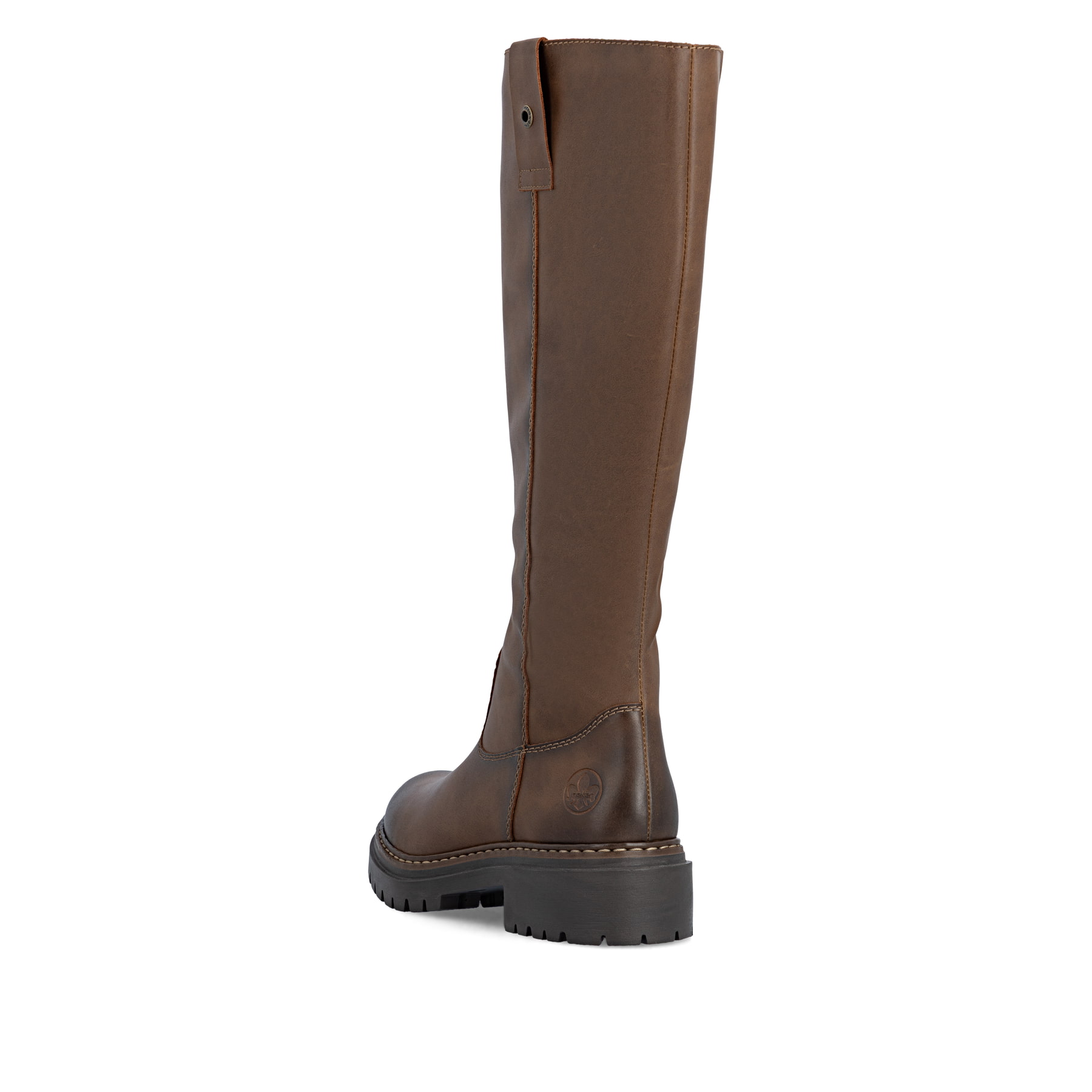 Braune Rieker Damen Hochschaftstiefel 72656-22 mit einem Reißverschluss. Schuh von hinten.