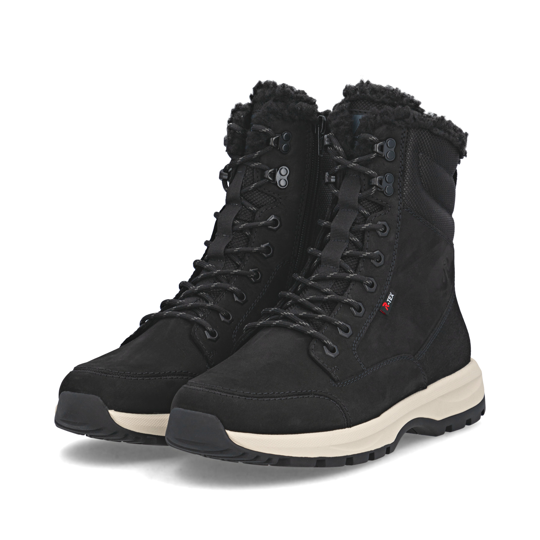 Schwarze Rieker Herren Schnürstiefel U1672-00 aus Rauleder. Schuhpaar seitlich schräg.