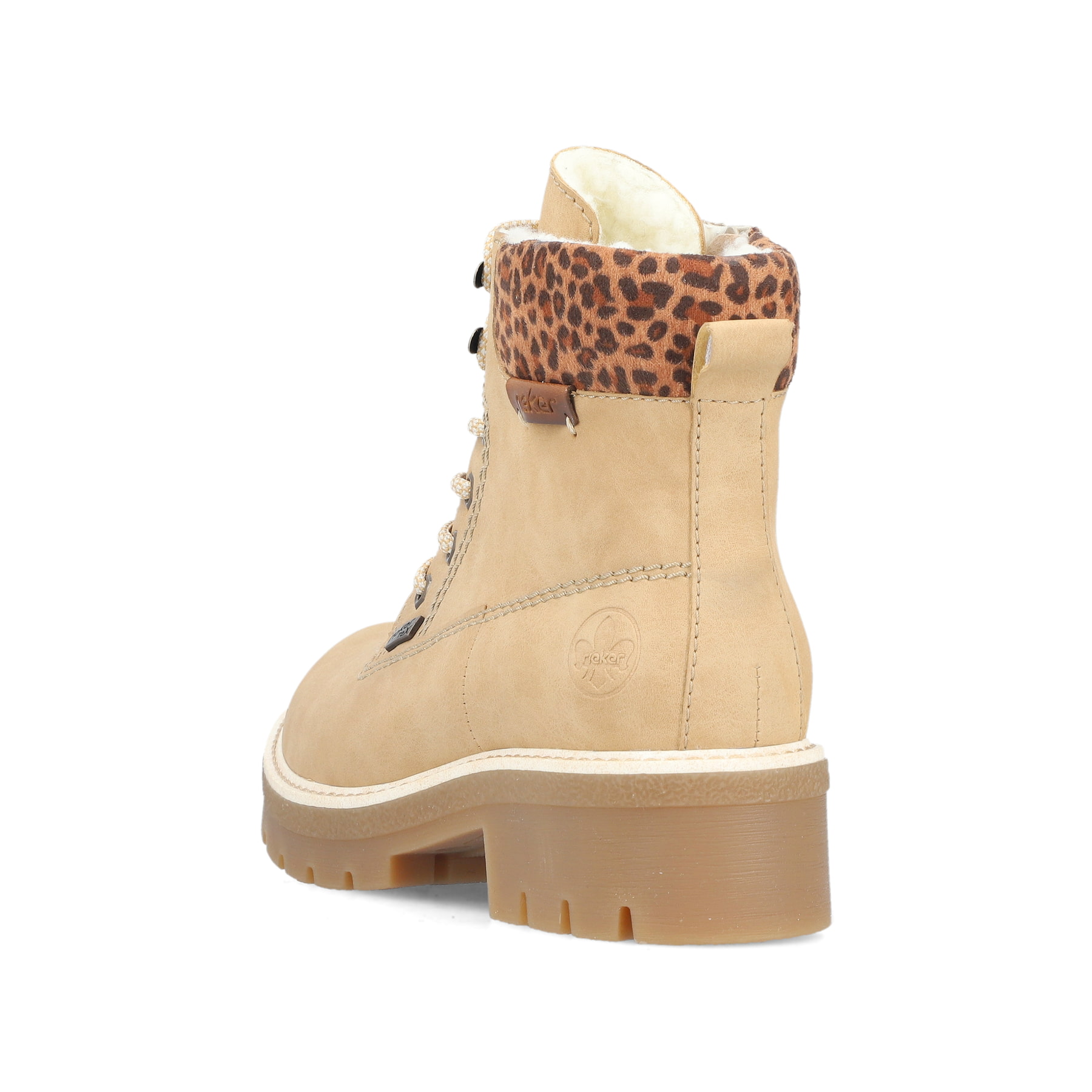 Beige Rieker Damen Schnürstiefel Y8118-60 mit wasserabweisender TEX-Membran. Schuh von hinten.