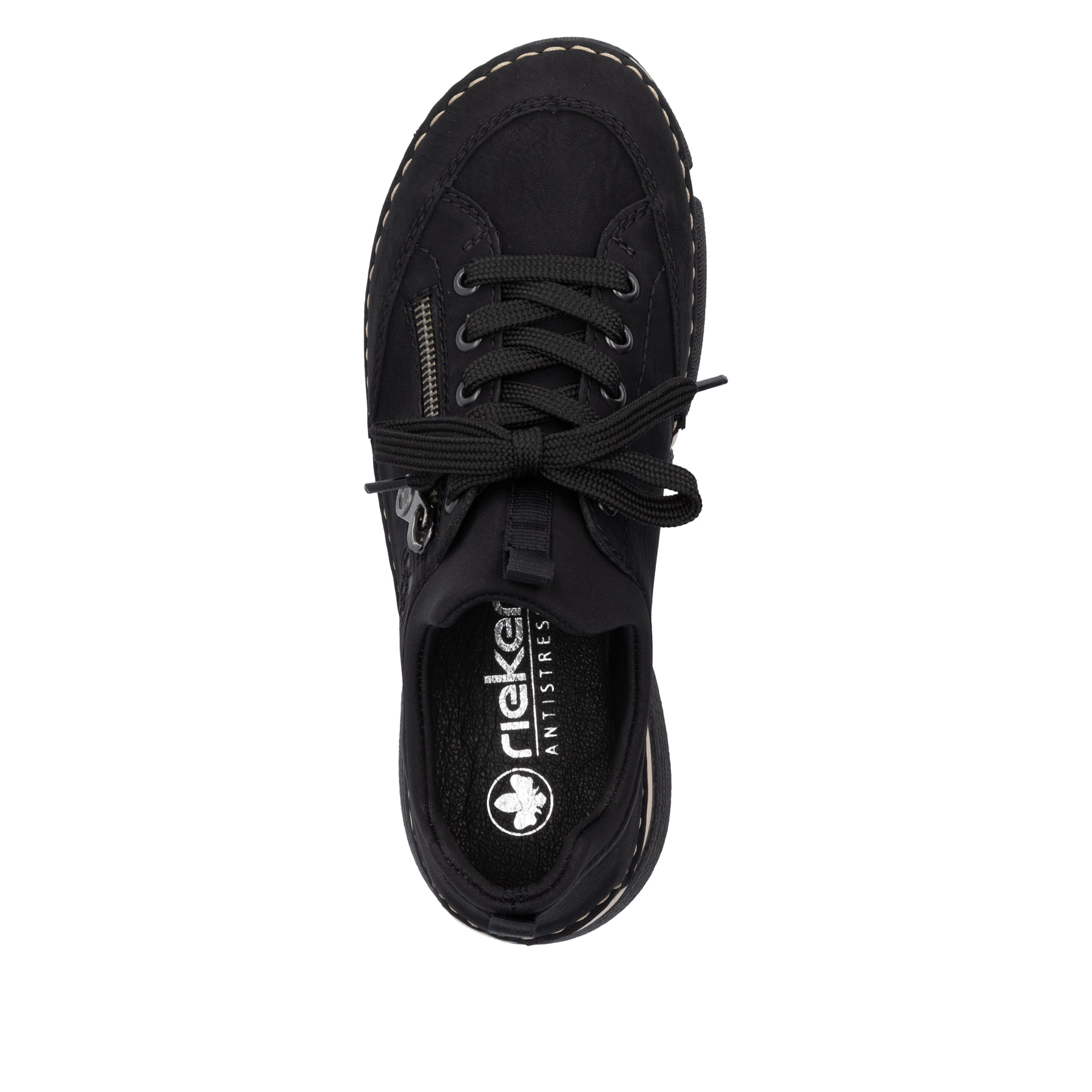 Mocassins Rieker noirs pour femme 45973-00 avec bande élastique. Chaussure vue de dessus.