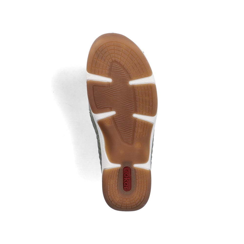 Grüne Rieker Damen Slipper 55960-52 mit Gummizug sowie extra weicher Decksohle. Schuh Laufsohle.
