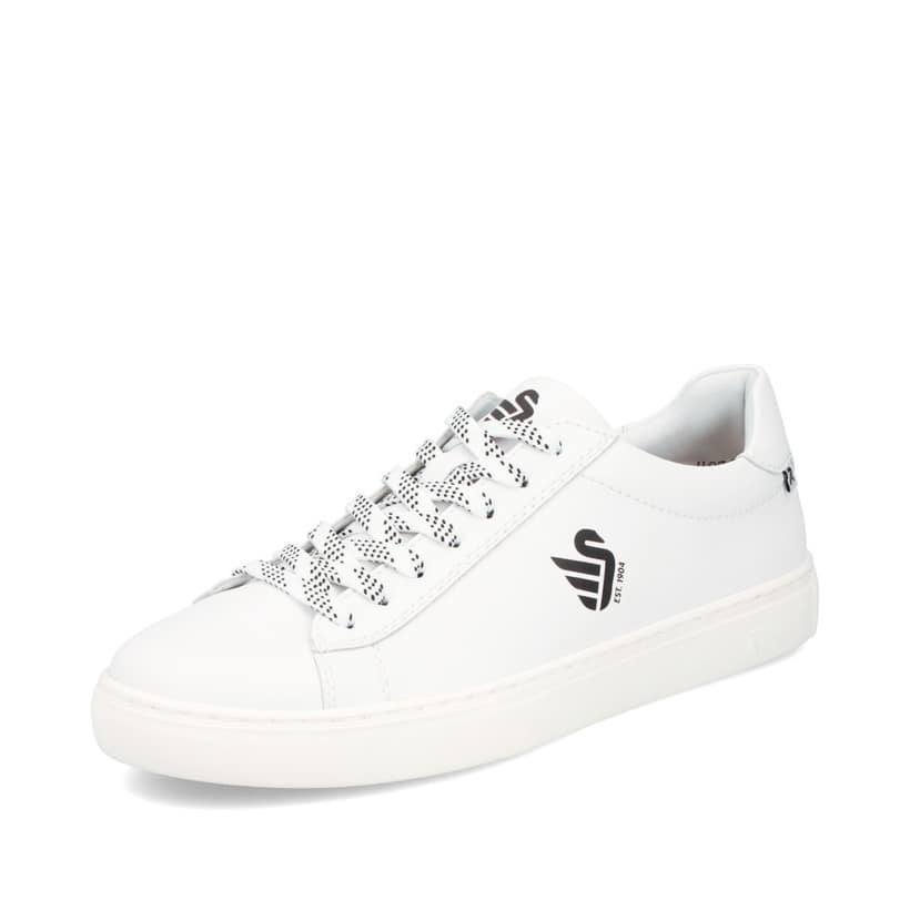 Weißer Rieker Herren Sneaker Low U0711-80 Schwenninger Wild Wings x Rieker Edition mit Eishockey-Schnürung und Wild Wings Logo. Schuh seitlich schräg.