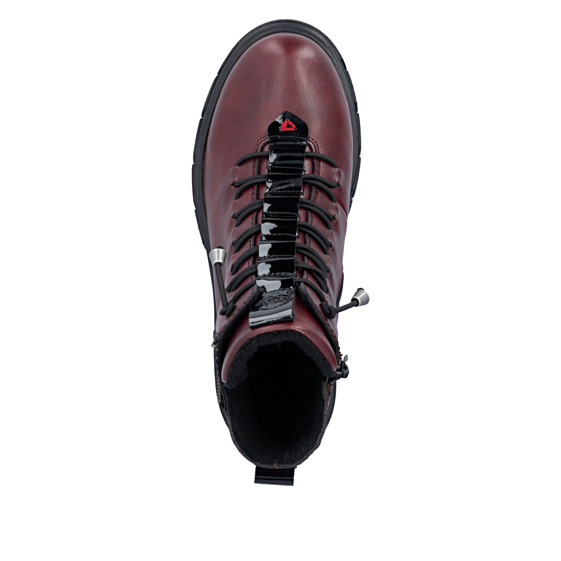 Weinrote Rieker Damen Biker Boots Z9152-35 mit Deko-Reißverschluss. Schuh von oben.