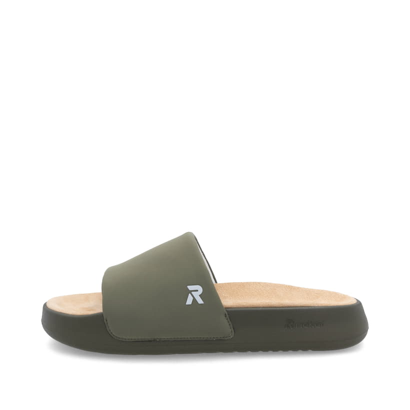 Grüne Rieker Herren Pantoletten U3250-54 mit flexibler und ultraleichter Sohle. Schuh Außenseite.