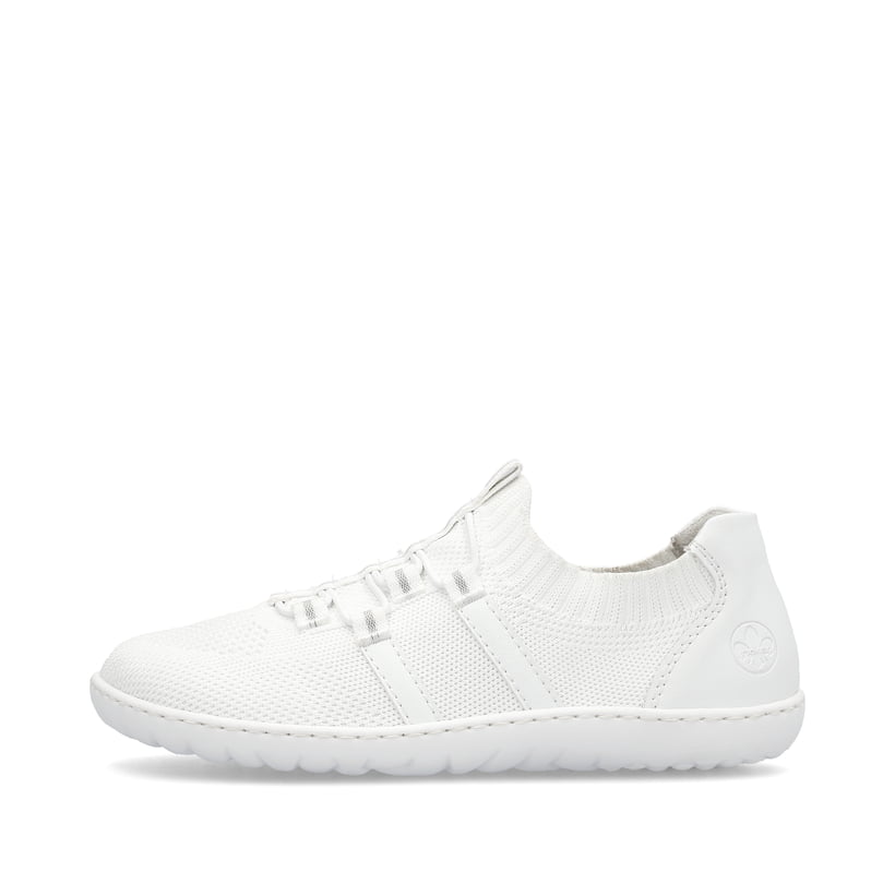 Weiße vegane Rieker Damen Slipper 52854-80, Barfußschuhe mit einem Gummizug. Schuh Außenseite.