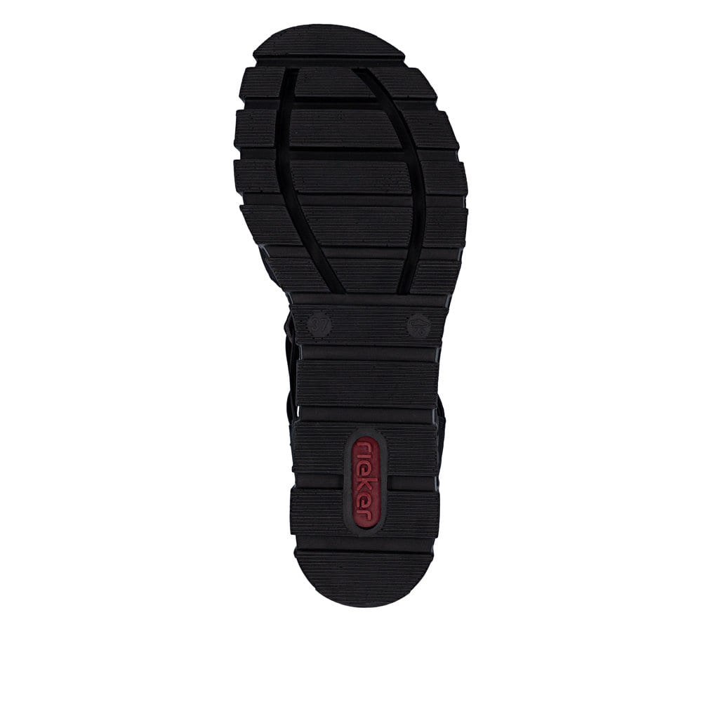 Schwarze Rieker Damen Sandalen 68075-00 mit einem Gummizug. Schuh Laufsohle.