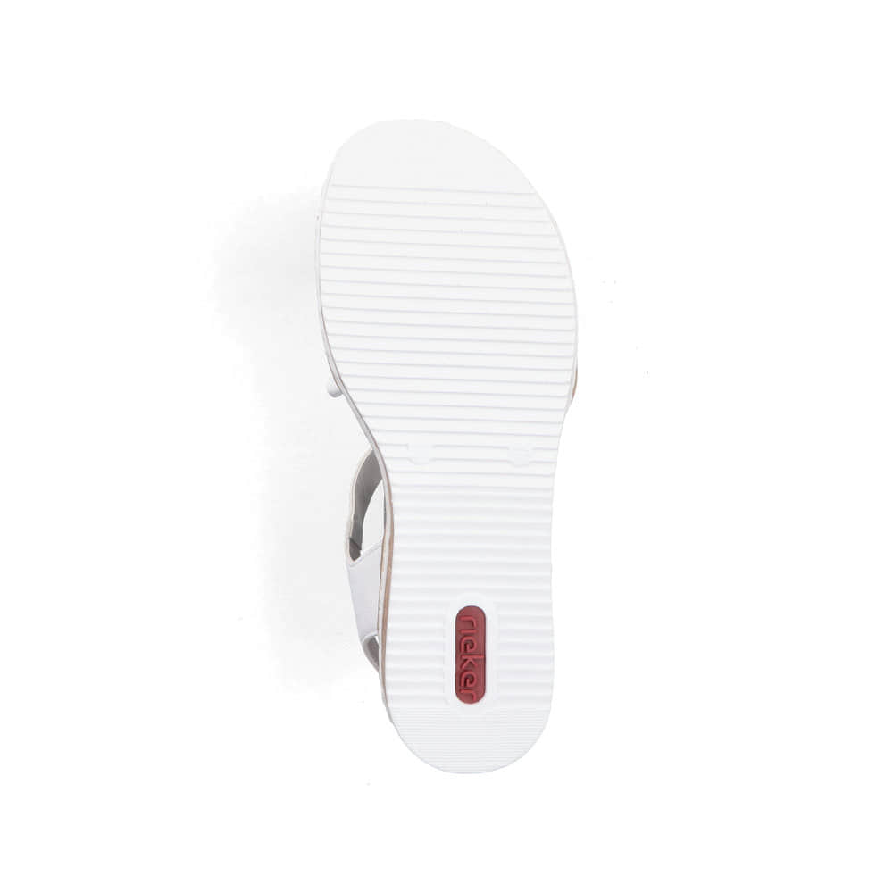 Weiße Rieker Keilsandaletten V3691-80 mit trendiger Schnalle. Schuh Laufsohle.