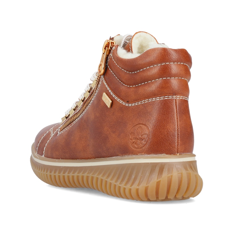 Braune Rieker Damen Schnürstiefel 74233-24 mit wasserabweisender TEX-Membran. Schuh von hinten.