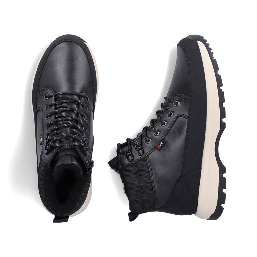 Schwarze Rieker Herren Schnürstiefel U1674-00 aus Glattleder. Schuh von oben, liegend.