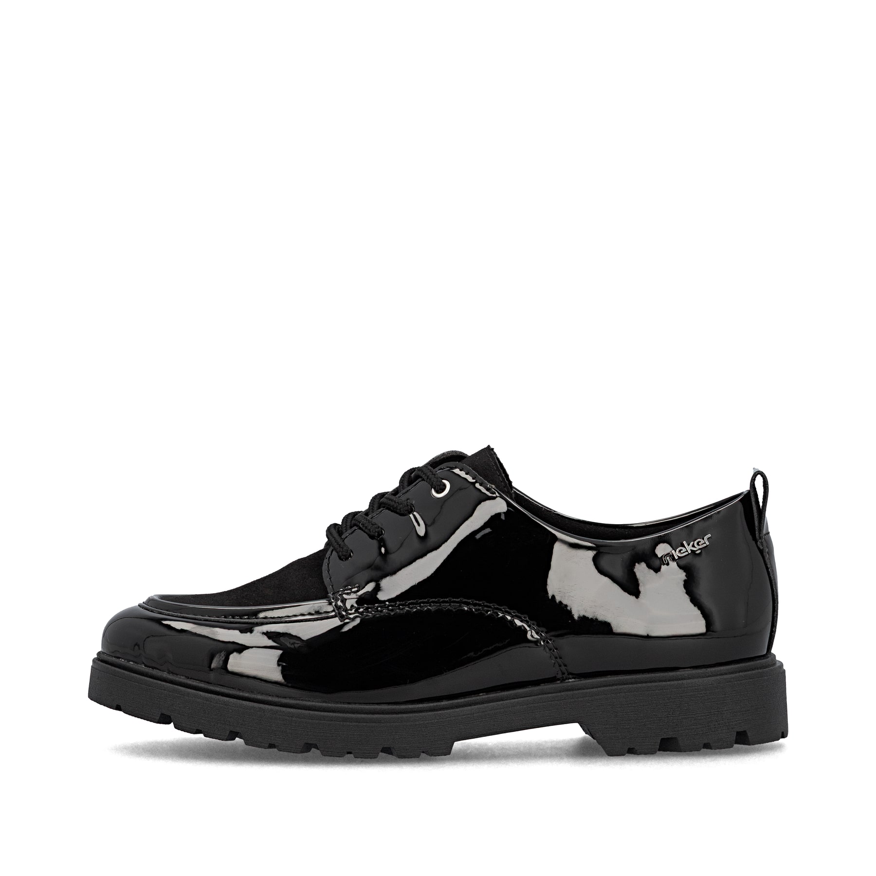 Schwarze Rieker Damen Schnürschuhe 45500-00 mit einer extra weichen Decksohle. Schuh Außenseite.