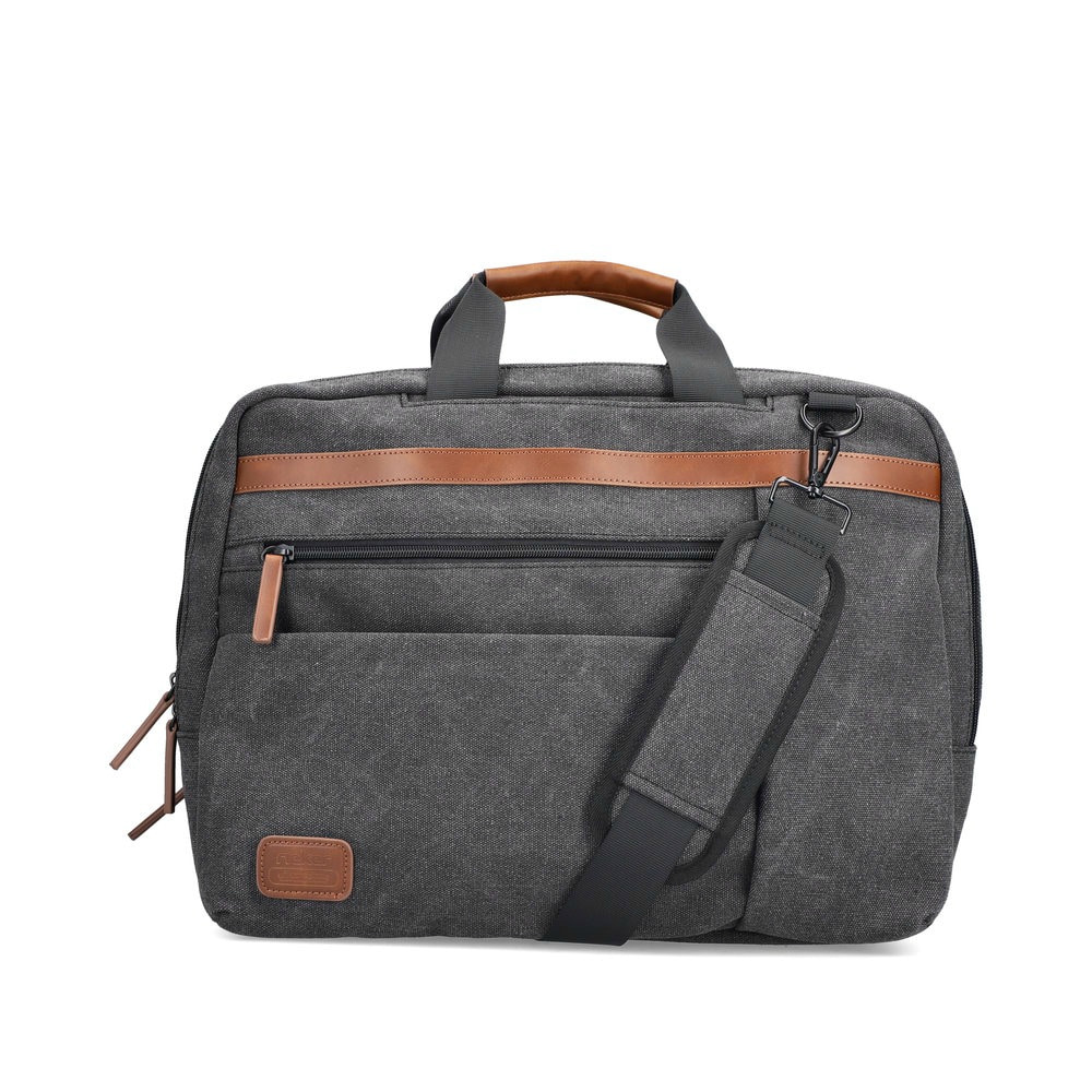 Rieker Laptoptasche H5200-00 in Schwarz mit braunem Lederdetail, Reißverschluss, gepolstertem Laptopfach und zum Umhängen. Vorderseite.