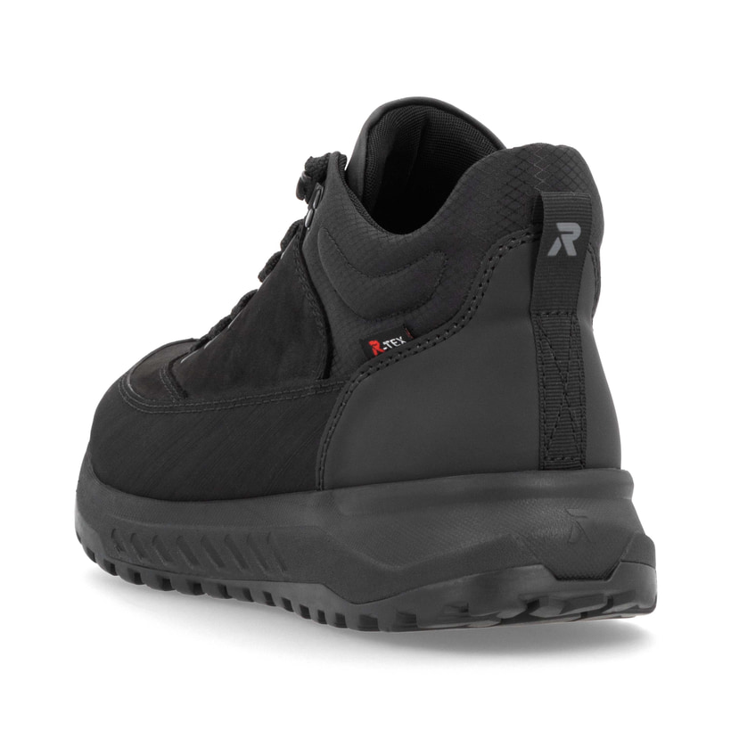 Schwarze Rieker Herren Schnürstiefel U0173-00 mit wasserabweisender TEX-Membran. Schuh von hinten.