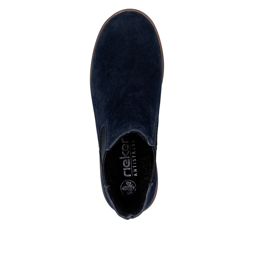 Dunkelblaue Rieker Damen Chelsea Boots 79265-14 aus Rauleder mit einem Gummizug. Schuh von oben.
