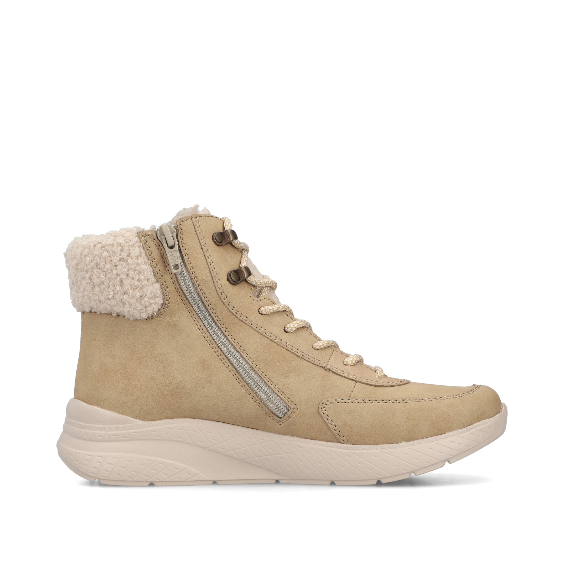 Vegane, beige Rieker Damen Sneaker High M8510-60 mit Teddyfell-Kragen. Schuh Innenseite.