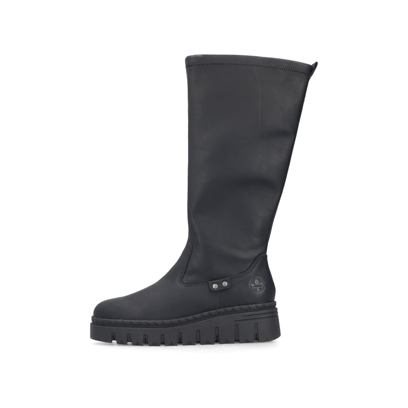 Schwarze Rieker Damen Hochschaftstiefel Z8990-00 mit einem Reißverschluss. Schuh Außenseite.