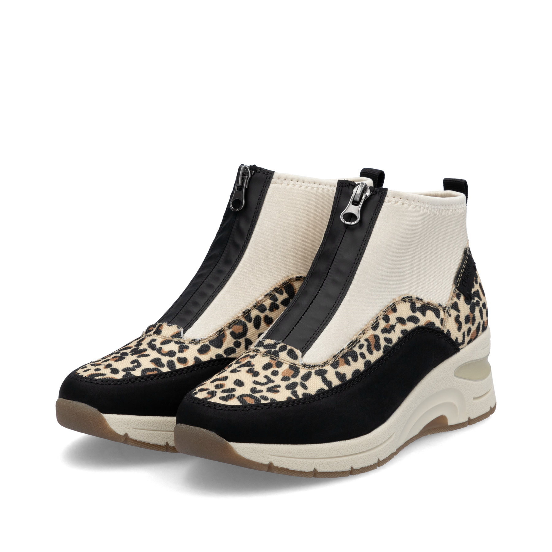Mehrfarbige Rieker Damen Sneaker High N9362-90 mit einem Reißverschluss. Schuhpaar seitlich schräg.