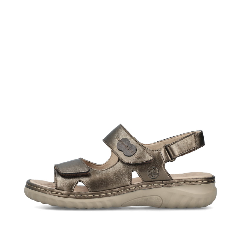 Bronzene Rieker Damen Riemchensandalen 60462-90 mit einem Klettverschluss. Schuh Außenseite.