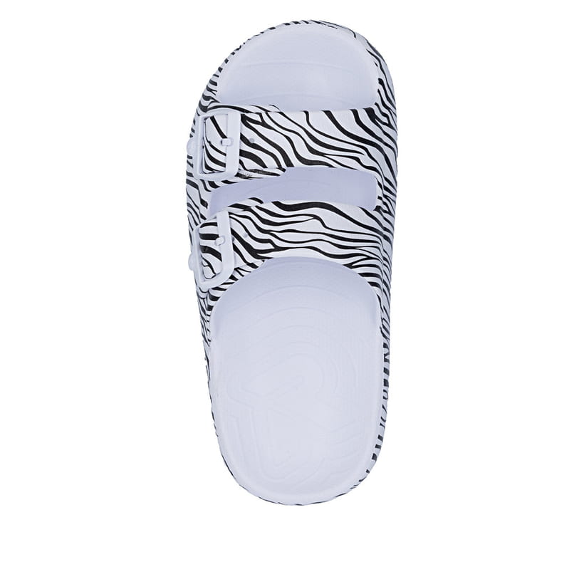 Schwarzweiße Rieker Damen Pantoletten P2450-81 mit angesagtem Animal-Print. Schuh von oben.