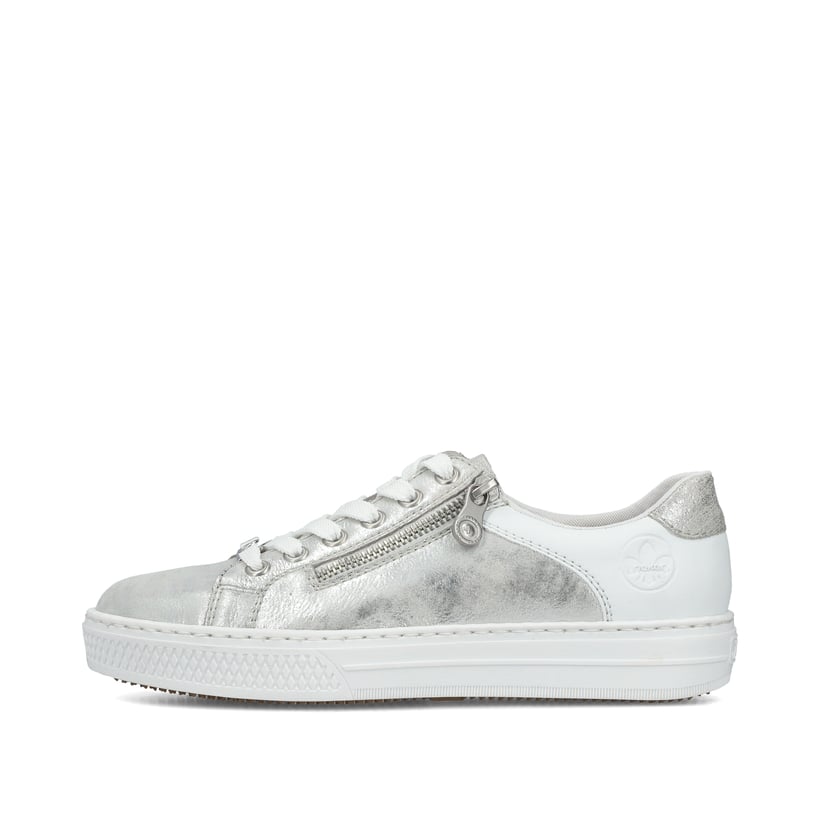 Silberne Rieker Damen Sneaker Low L59A1-90 mit einem Reißverschluss. Schuh Außenseite.