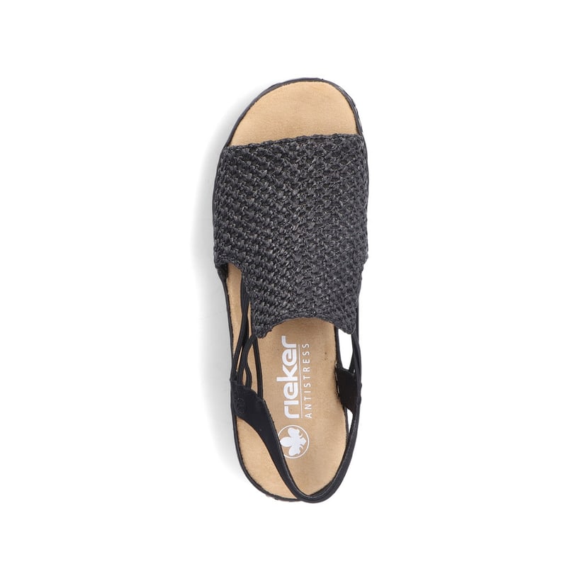 Schwarze Rieker Keilsandaletten 62941-00 mit einem Gummizug. Schuh von oben.