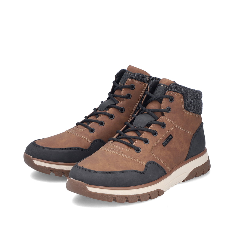 Schwarz-braune Rieker Herren Schnürstiefel B9340-24 mit einem Reißverschluss. Schuhpaar seitlich schräg.