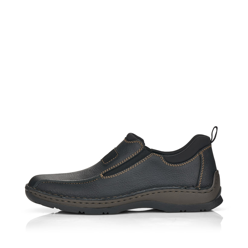 
Tiefschwarze Rieker Herren Slipper 05363-00 mit einer schockabsorbierenden Sohle. Schuh Außenseite