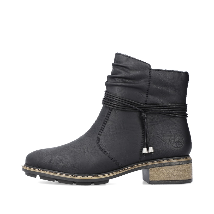 Bottines Rieker noires pour femme 77263-00 avec corde Ã  la mode. Côté extérieur de la chaussure.
