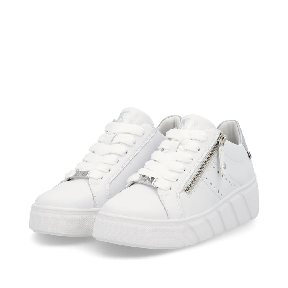 Baskets basses Rieker blanches pour femme W2605-80 avec fermeture éclair. Chaussures inclinées sur le côté.