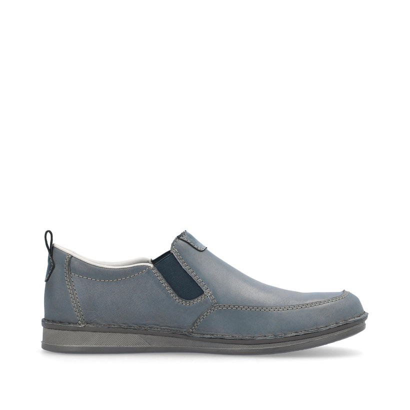 Blaue Rieker Herren Slipper 05450-12 mit Elastikeinsatz sowie braunen Ziernähten. Schuh Innenseite.