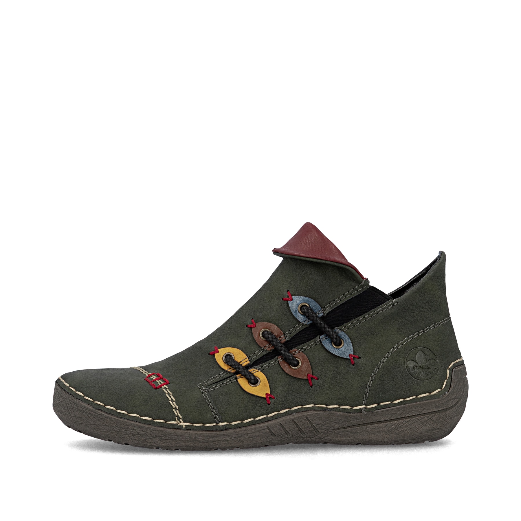 Grüne Rieker Damen Kurzstiefel 72581-54 mit bunten Details sowie Reißverschluss. Schuh Außenseite.