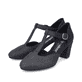 Schwarze Rieker Pumps 41087-00 mit Schnalle sowie extra weicher Decksohle. Schuhpaar seitlich schräg.